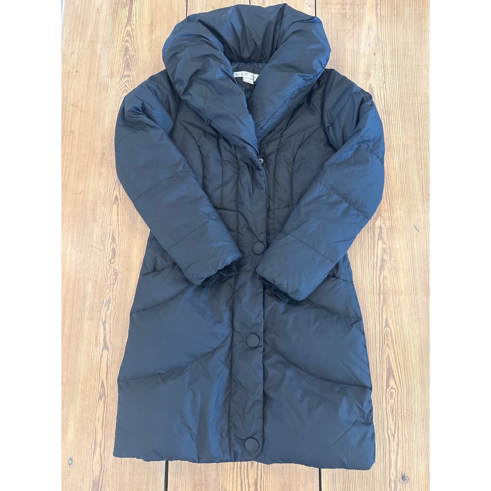 Larry‎ Levine Black Down Puffer Coat Shawl Collar Long Quilted Jacket XS